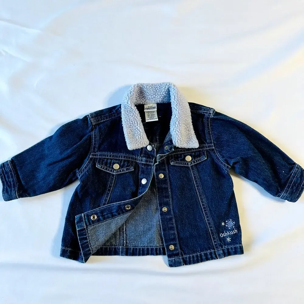Vintage Baby OshKosh Winter Snowflake Denim Jacket w/ Purple Sherpa Collar